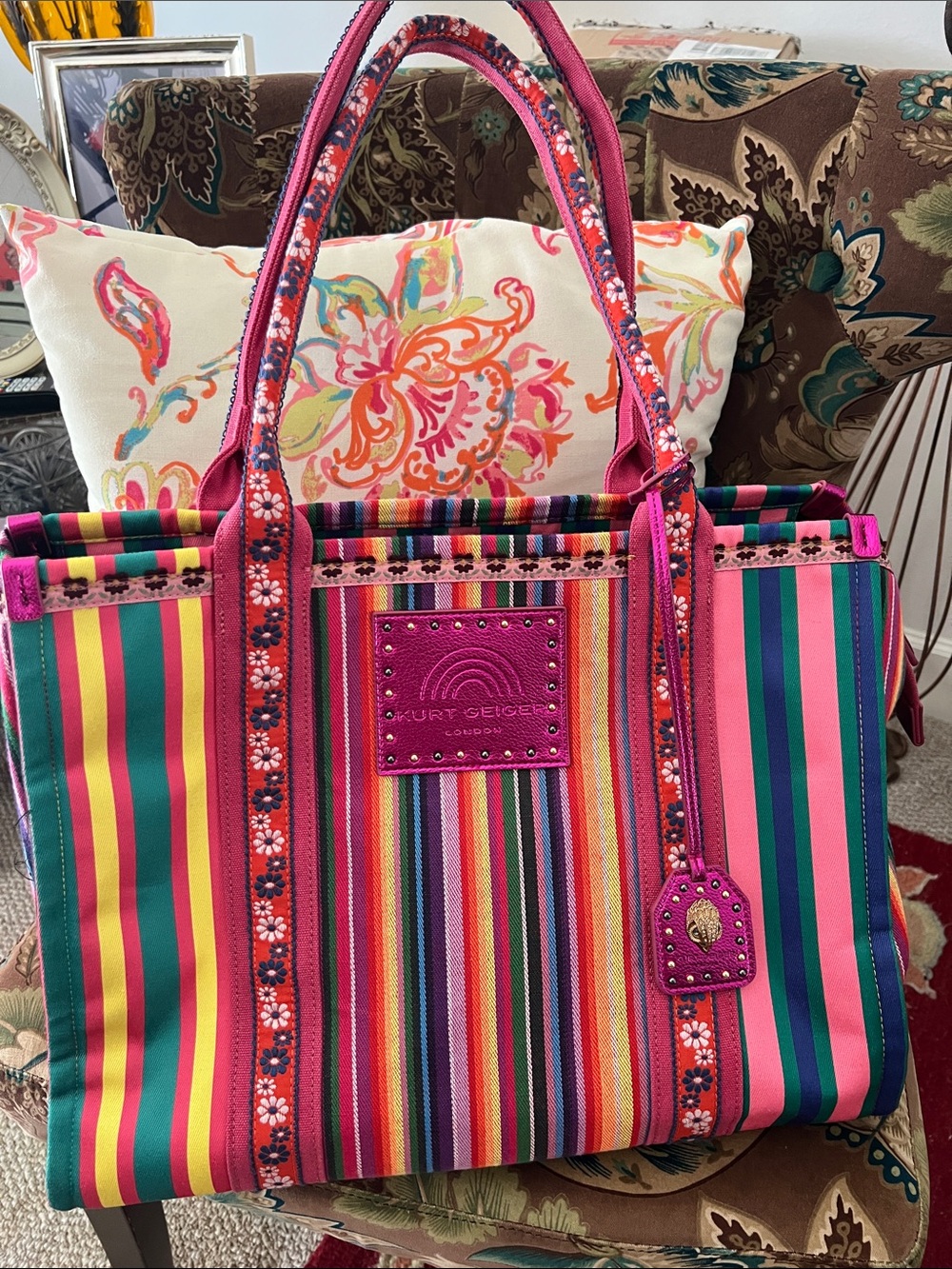 Kurt Geiger Vibrant Pink Multi-Stripe Tote